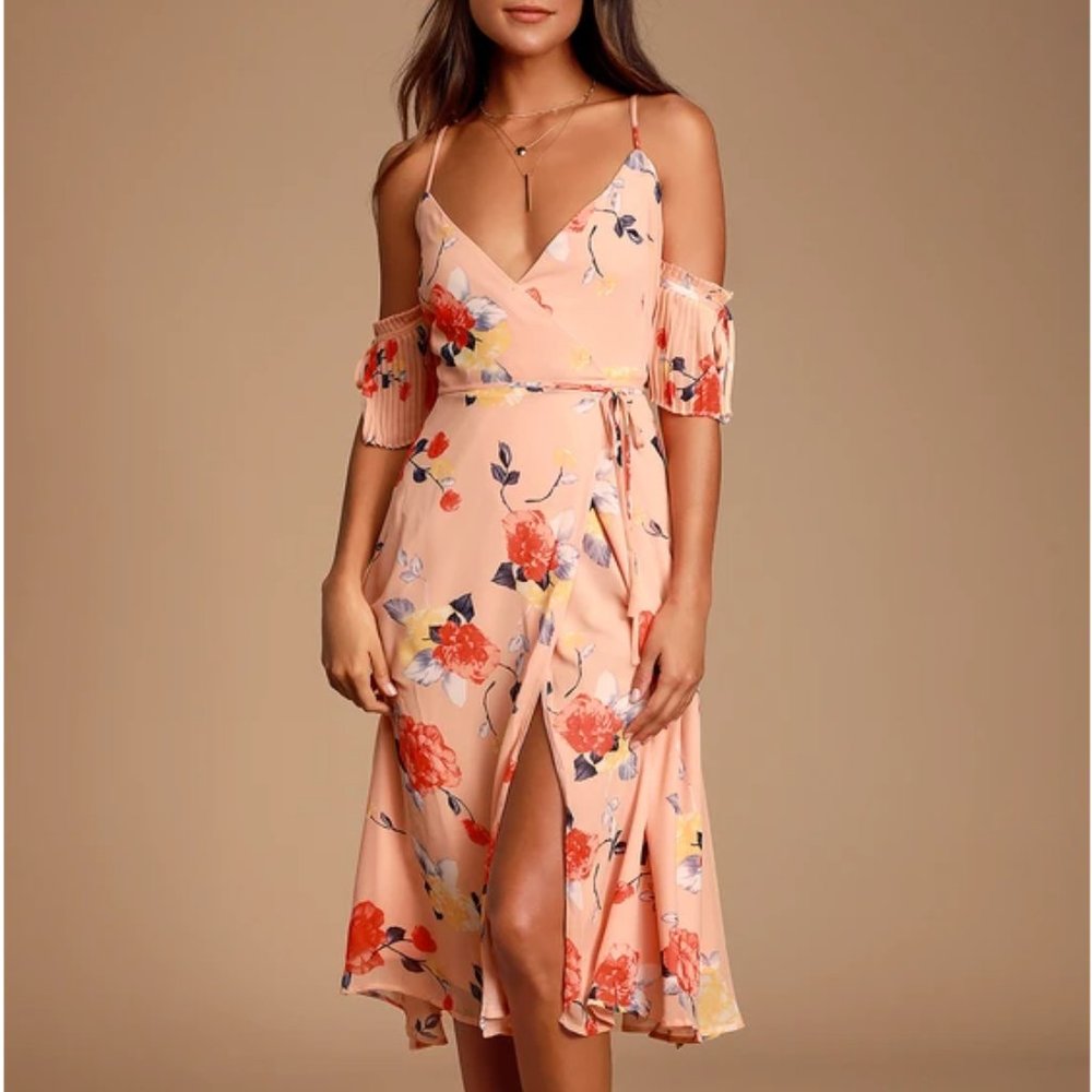 LULU's Heart's Delight Peach Floral Print Cold-Shoulder Wrap Dress  L